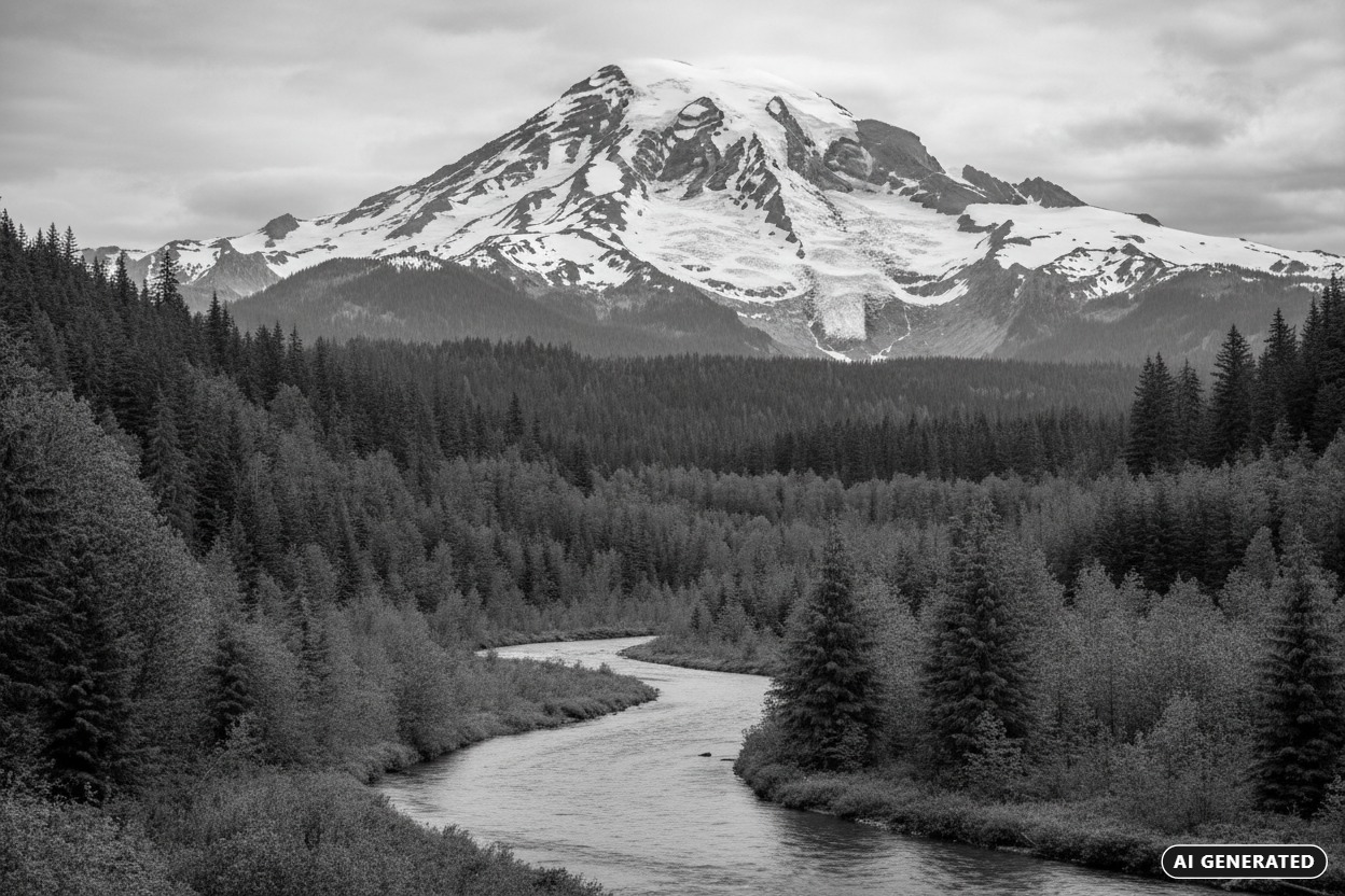 AI Generated: A winding river flows through a dense forest toward a snow-capped mountain peak under a cloudy sky.